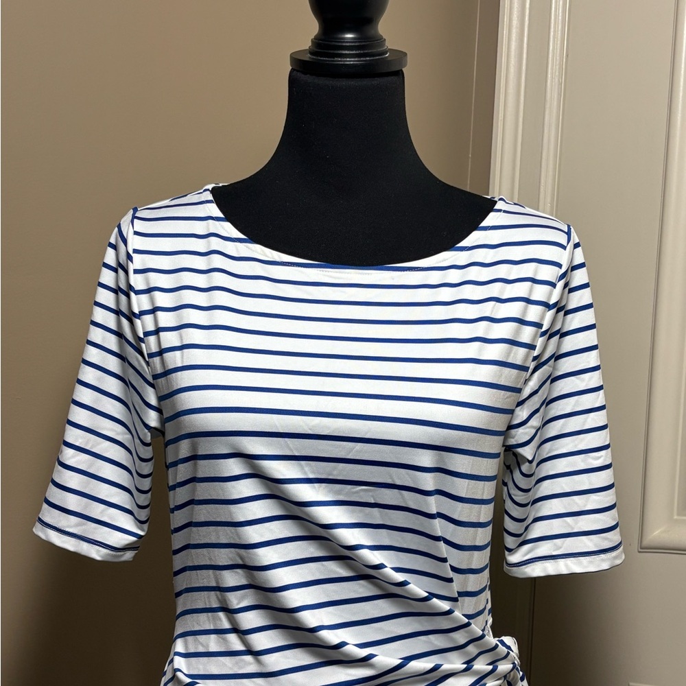 Lands’ End Elbow Sleeve Tie Waist Sheath Dress White & Navy Blue Nautical Sz S - Picture 13 of 16